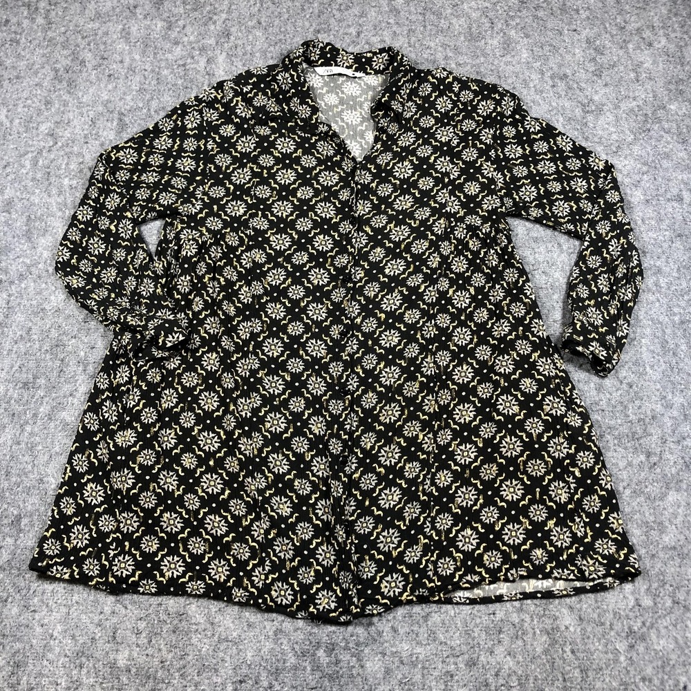 Zara Shirt Dress Womens S Black Geometric Print Long Sleeve Short Viscose Boho